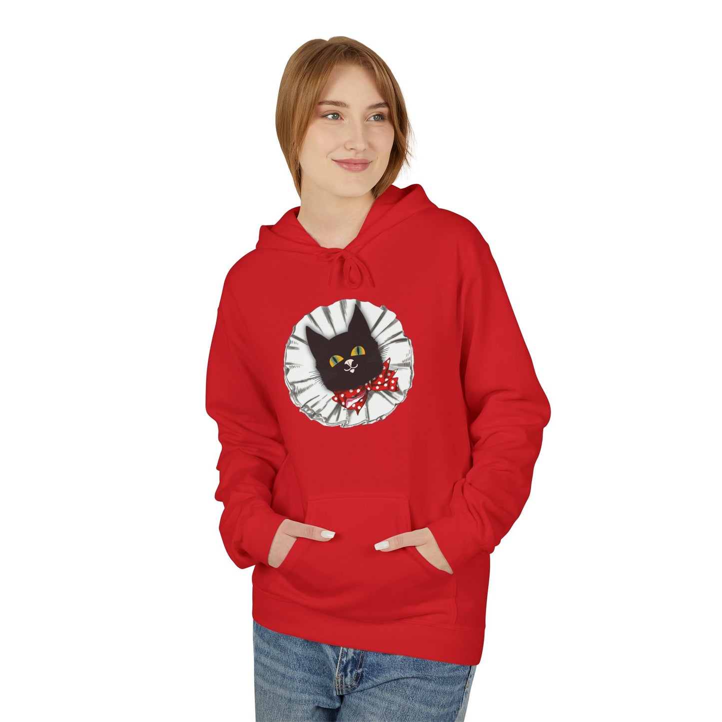 Black Cat Clown Hoodie — Cute Black Cat with Red Bow Music Lover Pullover