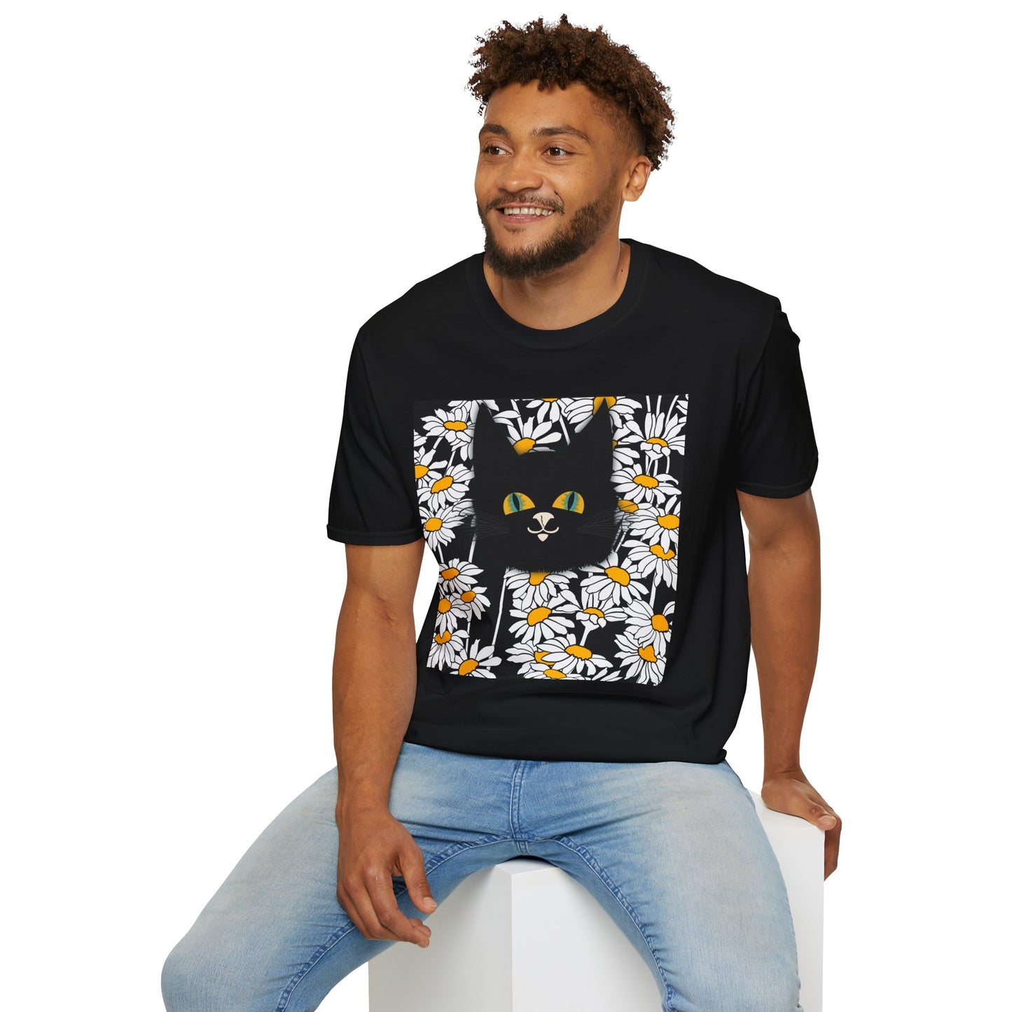 Black Cat Daisy T‑Shirt — Cute Floral Cat Graphic Tee