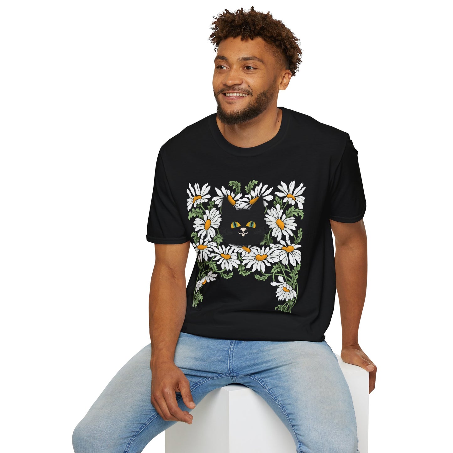 Black Cat & Daisies T‑Shirt — Cute Floral Cat Tee for Cat Lovers