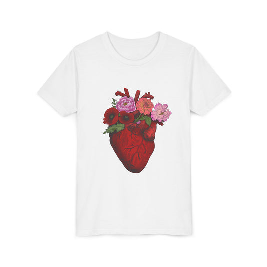 Floral Heart Youth Tee — Floral Anatomical Heart Graphic Kids T-Shirt