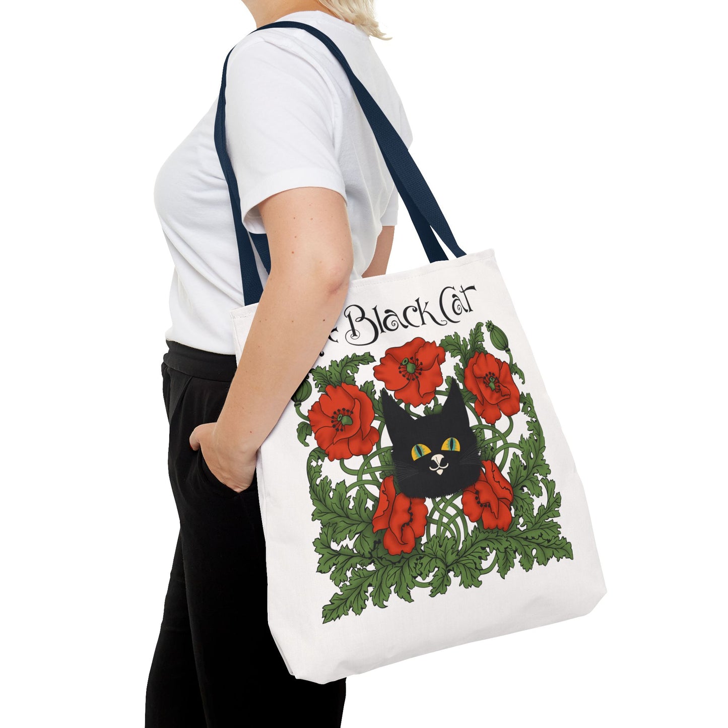 The Black Cat Poppies Tote Bag — Vintage Floral Cat Art Tote