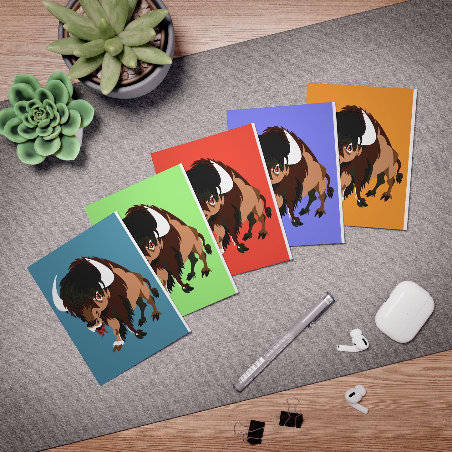 Cute colorful Bison with quotes Greeting Cards