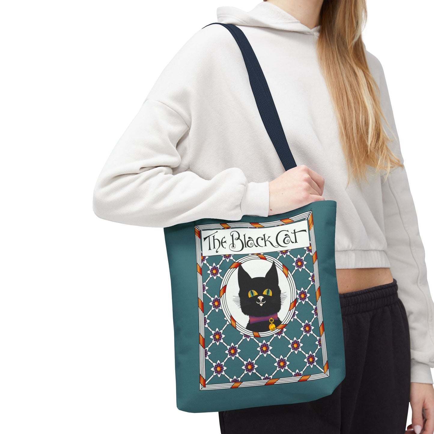 The Black Cat Teal Tote Bag — Vintage Art Nouveau Cat Shopper