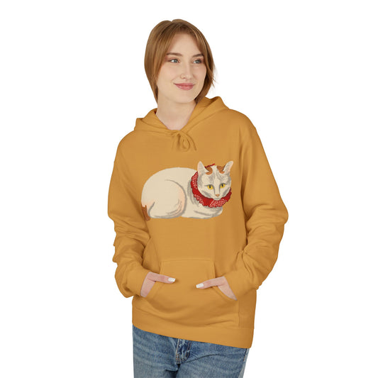 Cozy Red-Scarf Cat Hoodie — Cute Cream Cat Graphic Pullover