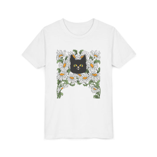 Daisies floral Youth Tee — Black Cat in Daisy Wreath Graphic