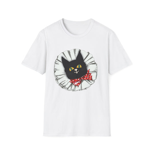 Black Cat Clown Portrait T‑Shirt — Cute Cat Face with Red Bow Graphic Tee