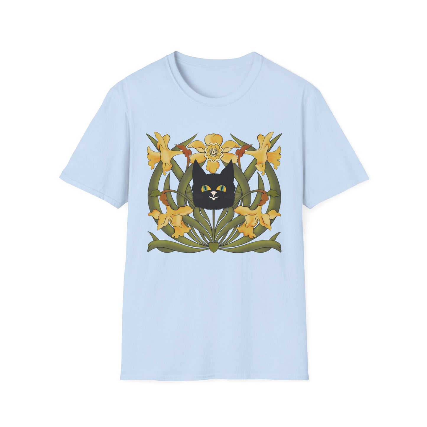Daffodil Black Cat T‑Shirt — Retro Floral Cat Tee