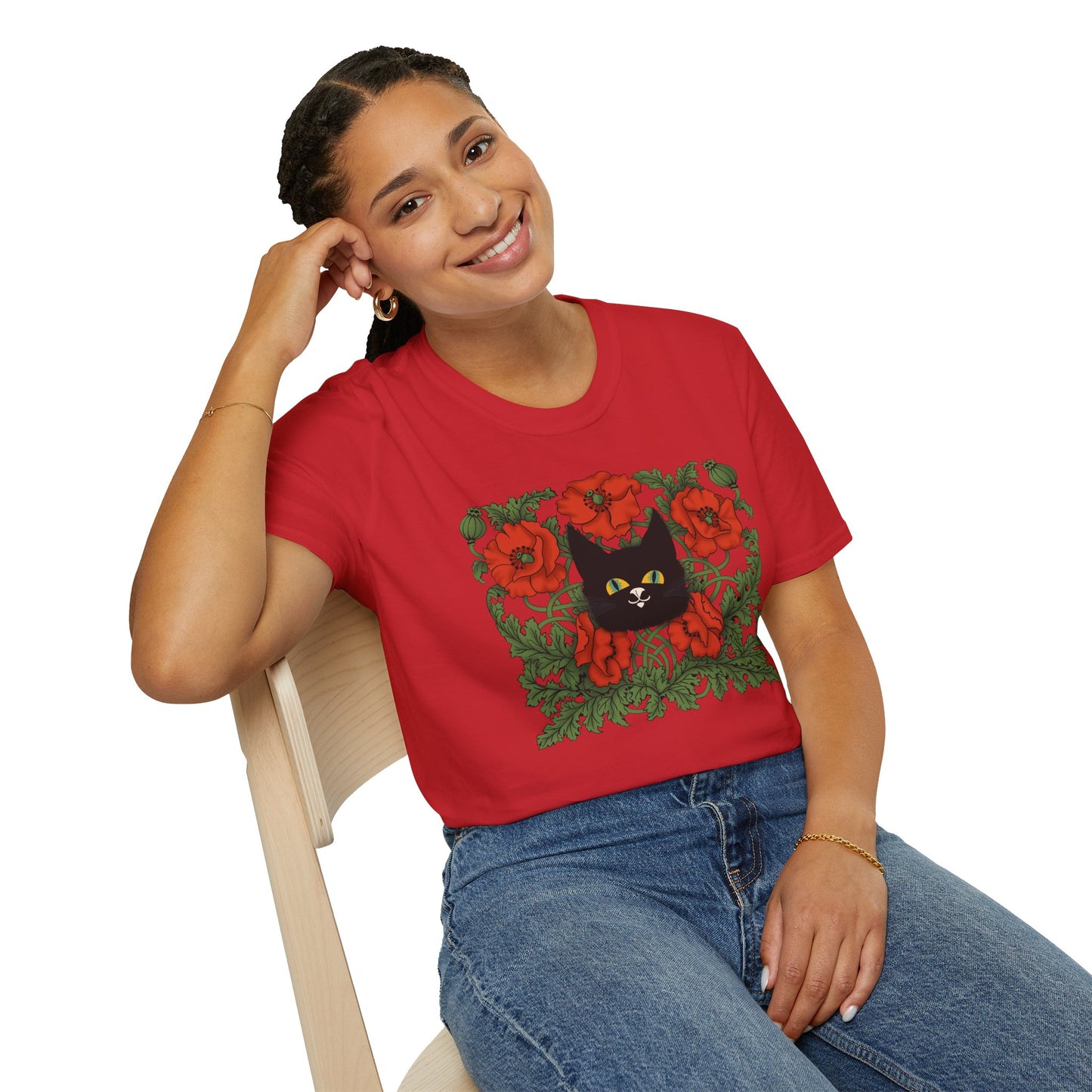 Black Cat & Red Poppies T-Shirt