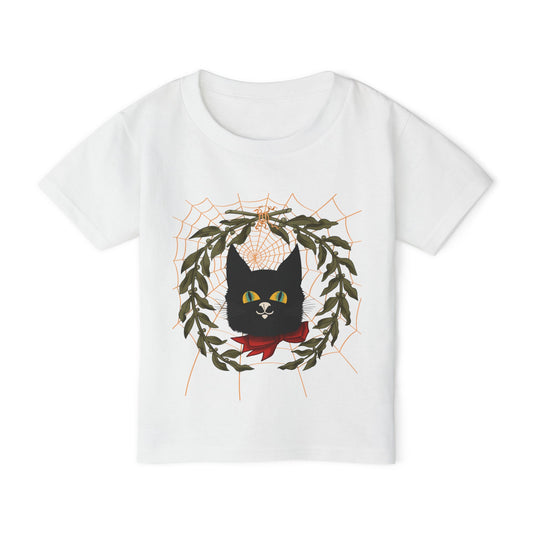 Toddler T‑Shirt — Black Cat Wreath with Web Tee (Cute Halloween)
