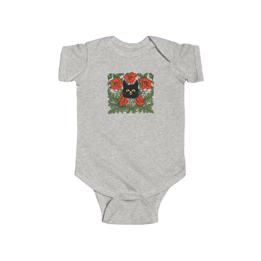 Poppies Floral Black Cat Baby Bodysuit — Black Cat in Red Poppy Floral Frame