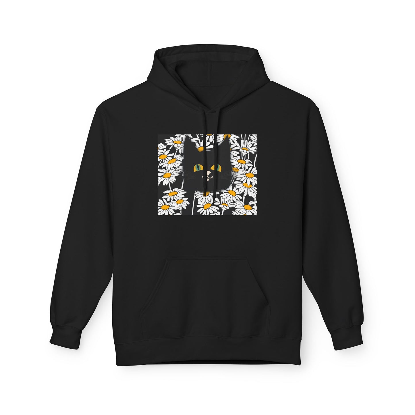 Daisy Black Cat Black Hoodie — Floral Square Graphic Hoodie