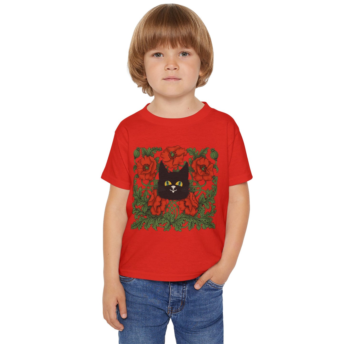 Poppies Black Cat Toddler T-Shirt — Black Cat in Poppy Garden (Cute Floral Kids Tee)