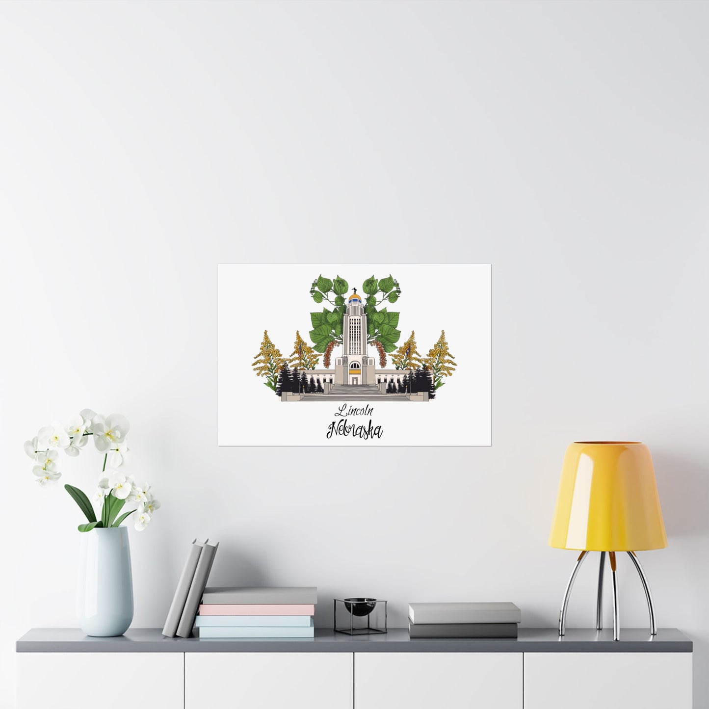 Lincoln Nebraska Satin Poster - 210gsm Art Print with Tower and Flora Design