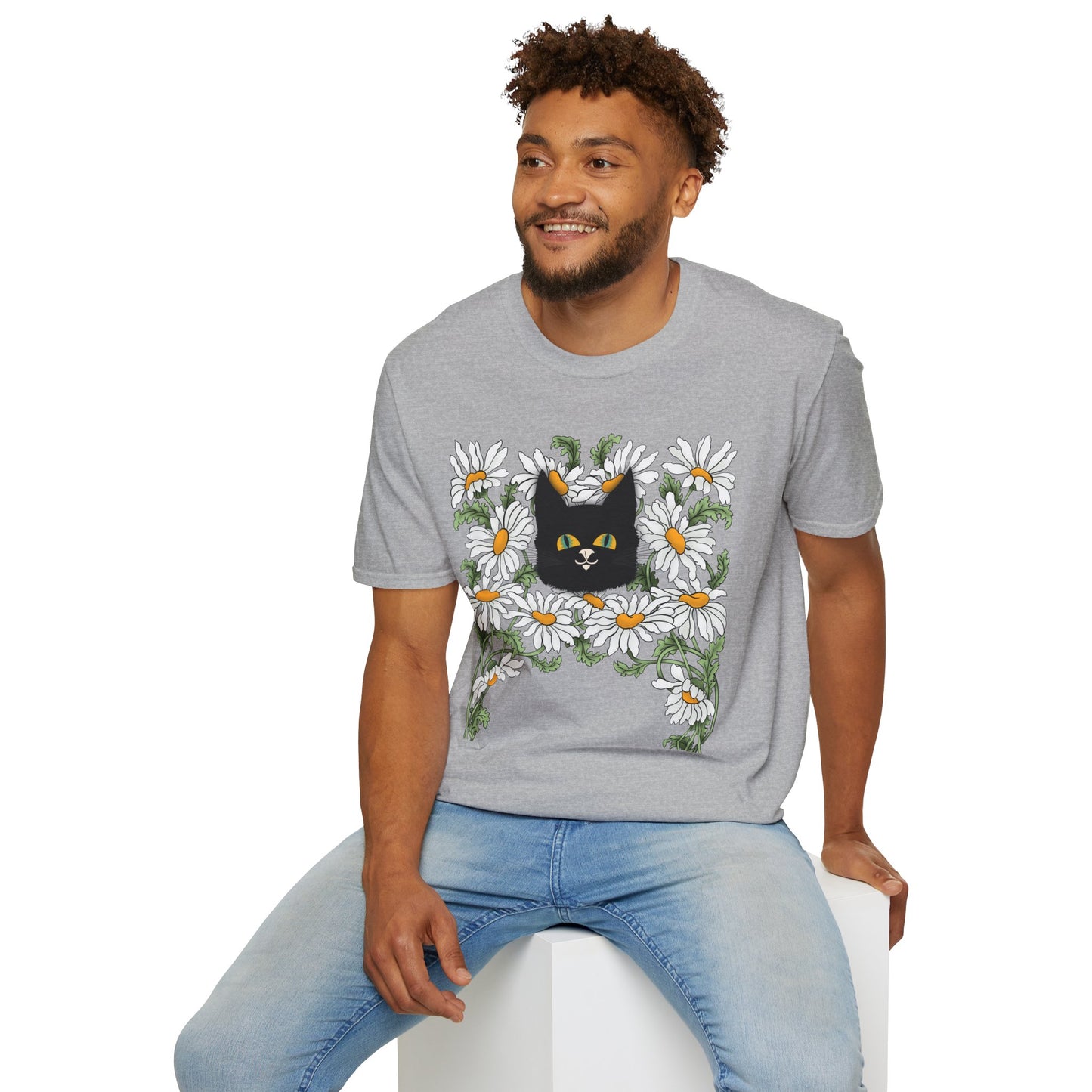 Black Cat & Daisies T‑Shirt — Cute Floral Cat Tee for Cat Lovers