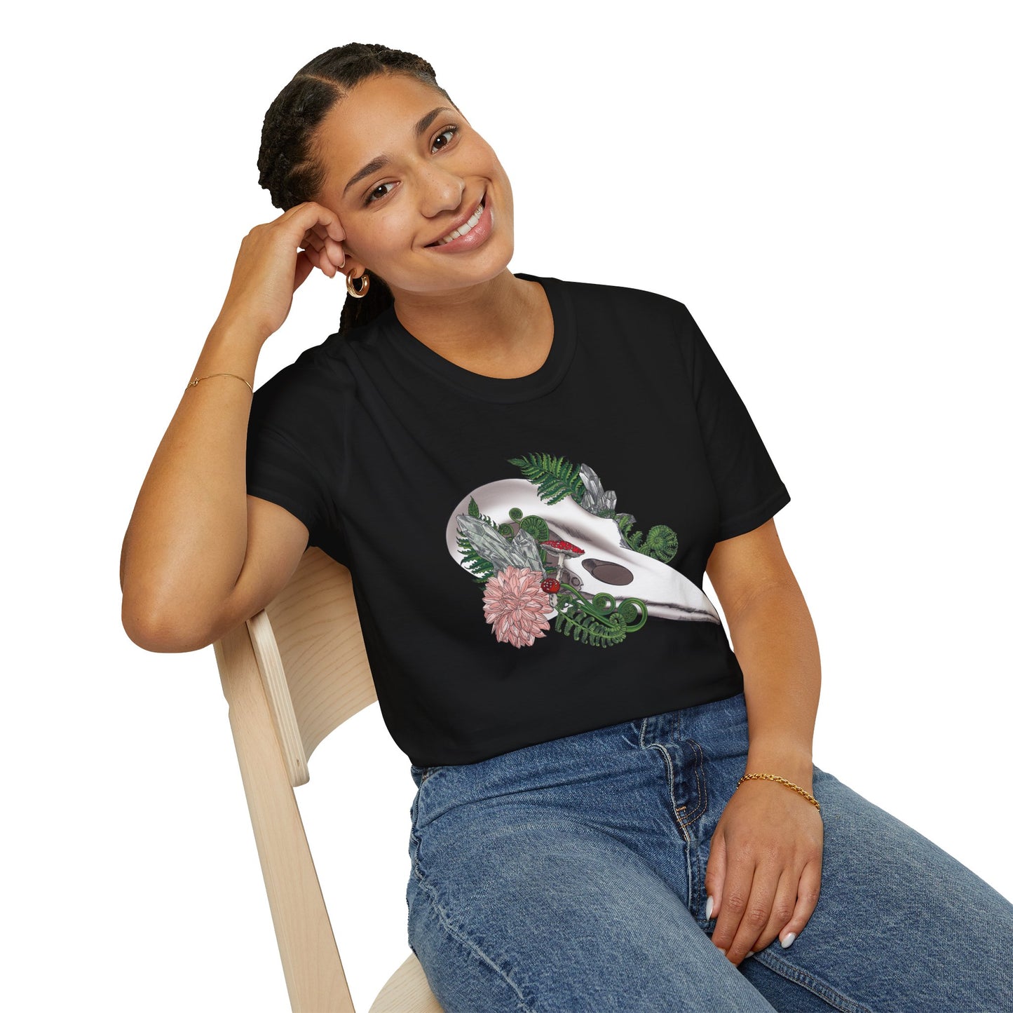 Bohemian Skull Floral T-Shirt, Unisex Softstyle Tee, Casual Wear, Nature Lover Gift, Unique Graphic Tee, Eco-Friendly Shirt
