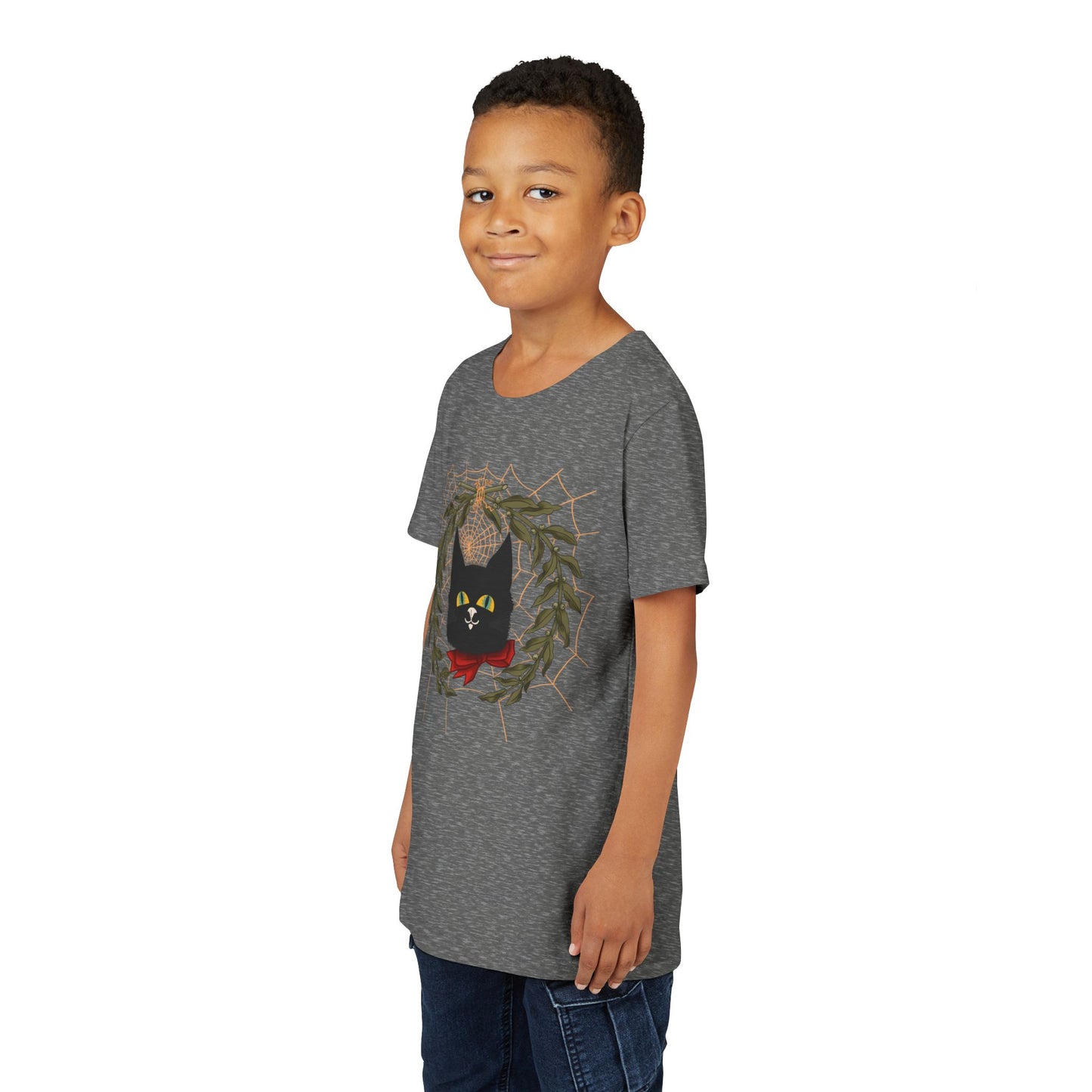Youth Tee — Black Cat Wreath Holiday Shirt