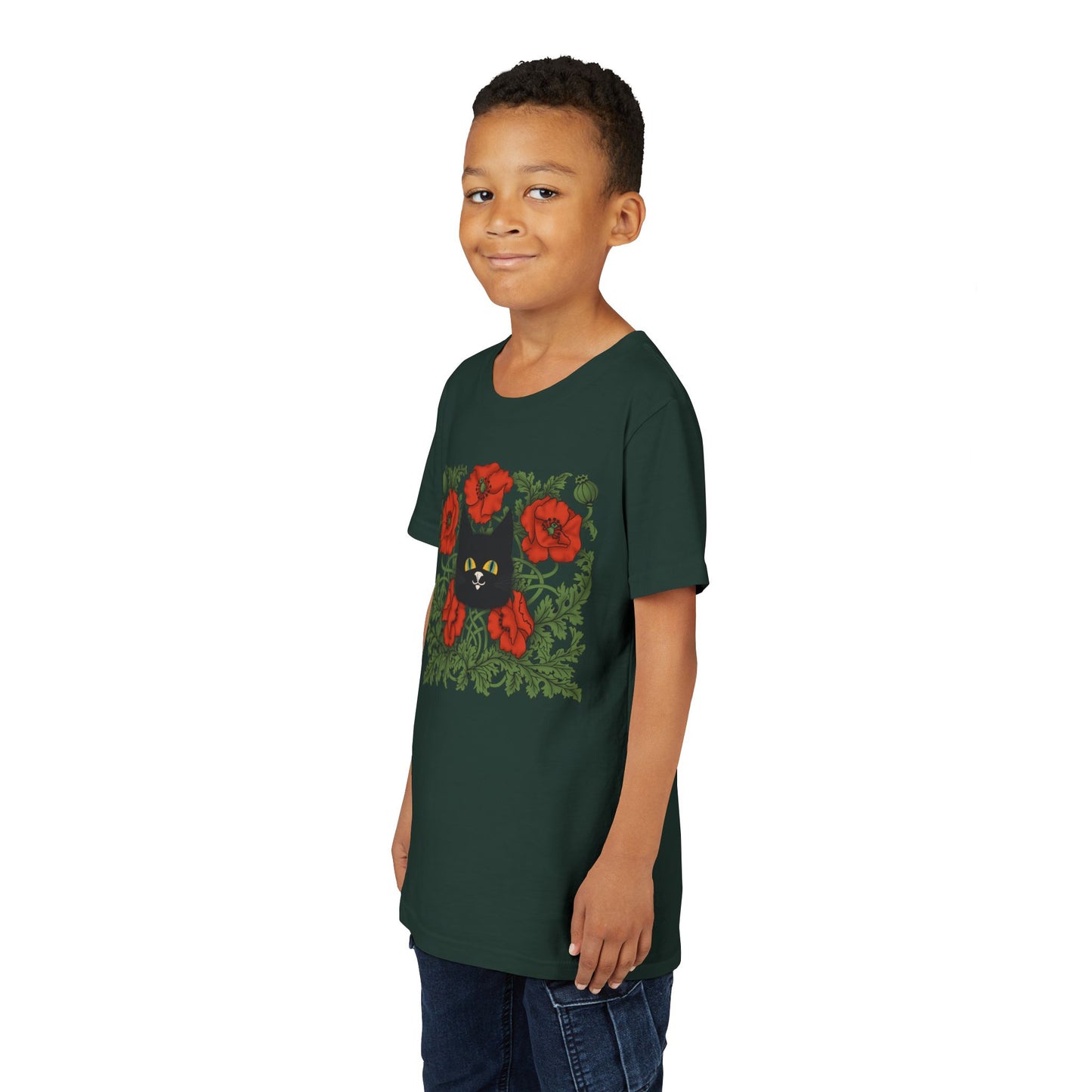 Black Cat Poppies Floral Youth Tee — Black Cat with Red Poppies Kids Shirt
