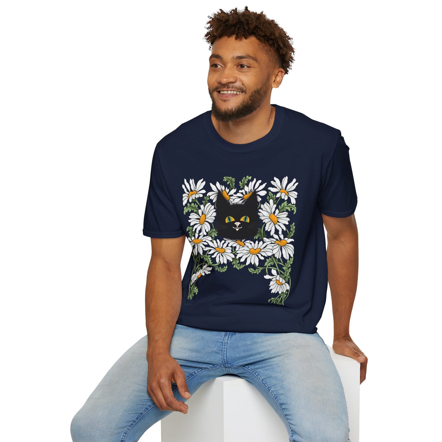 Black Cat & Daisies T‑Shirt — Cute Floral Cat Tee for Cat Lovers