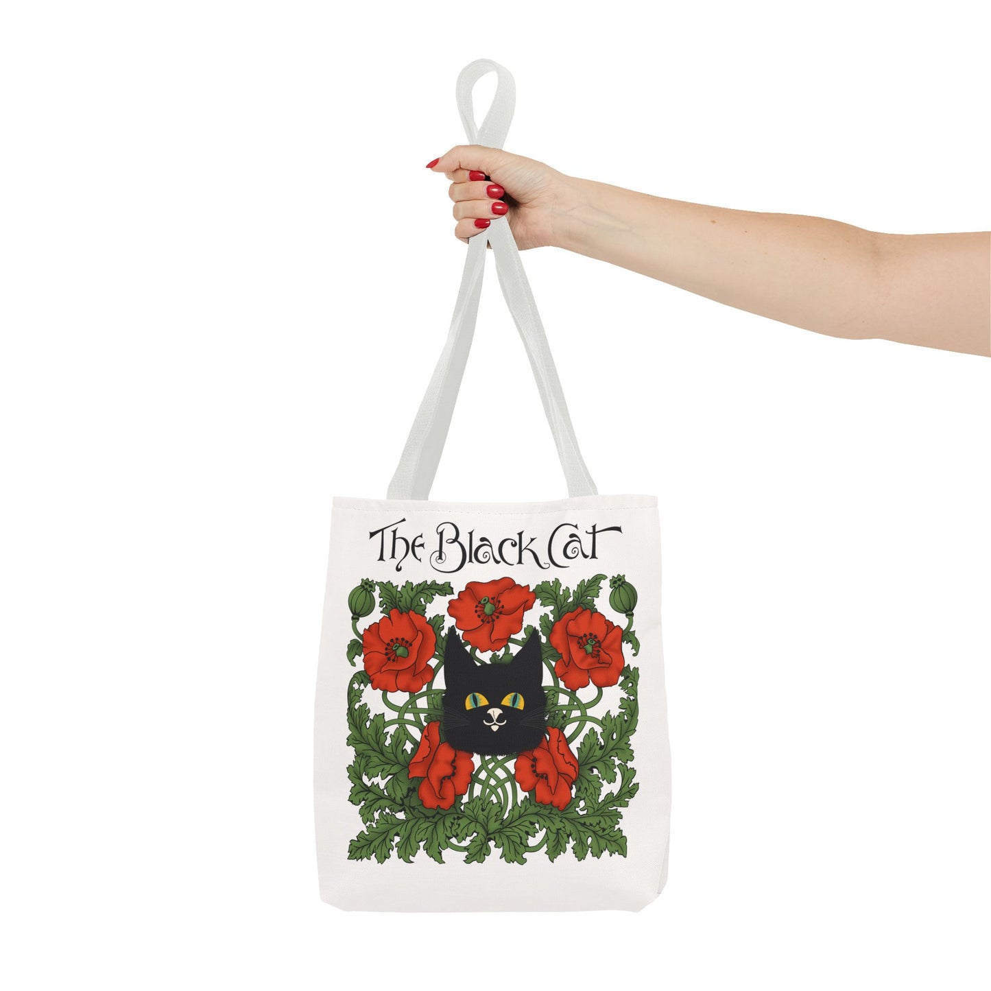 The Black Cat Poppies Tote Bag — Vintage Floral Cat Art Tote