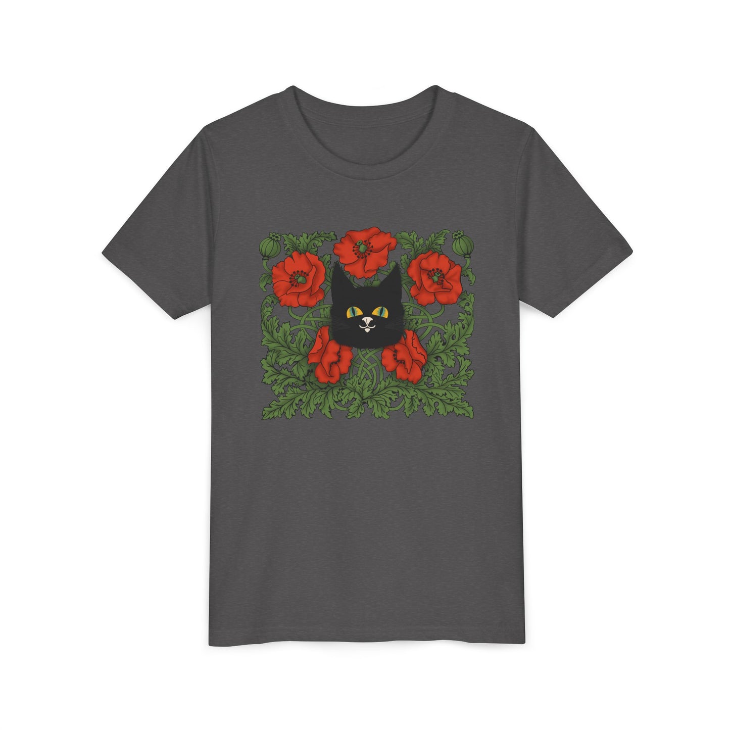 Black Cat Poppies Floral Youth Tee — Black Cat with Red Poppies Kids Shirt