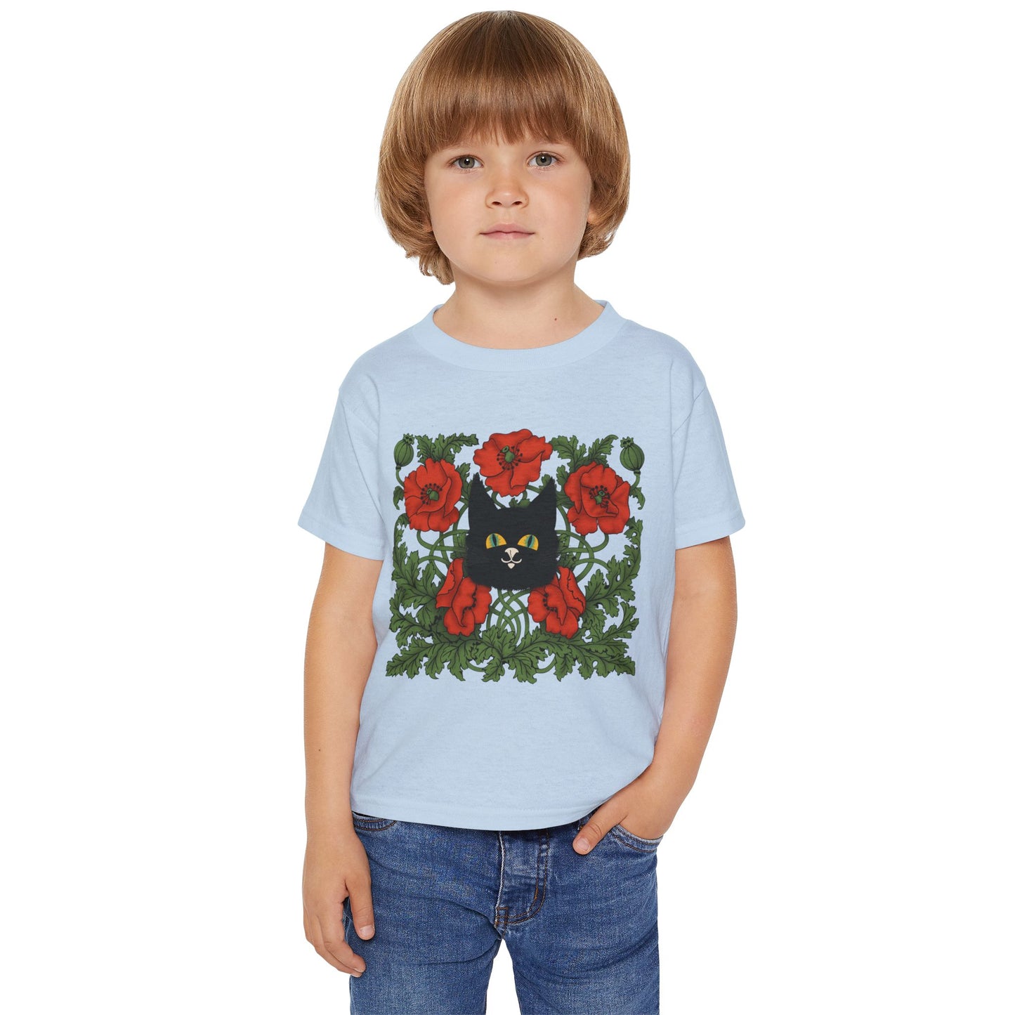 Poppies Black Cat Toddler T-Shirt — Black Cat in Poppy Garden (Cute Floral Kids Tee)