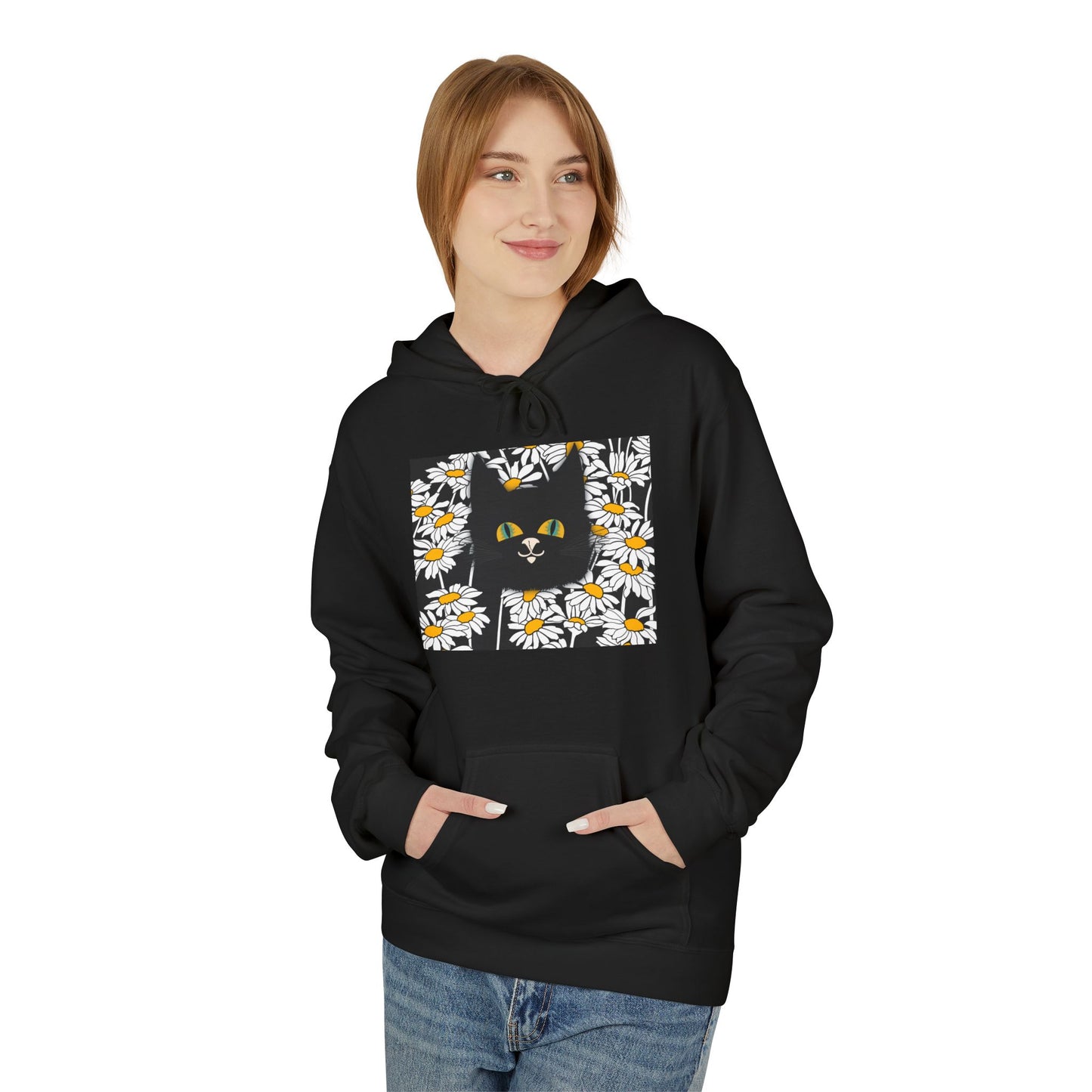 Daisy Black Cat Black Hoodie — Floral Square Graphic Hoodie