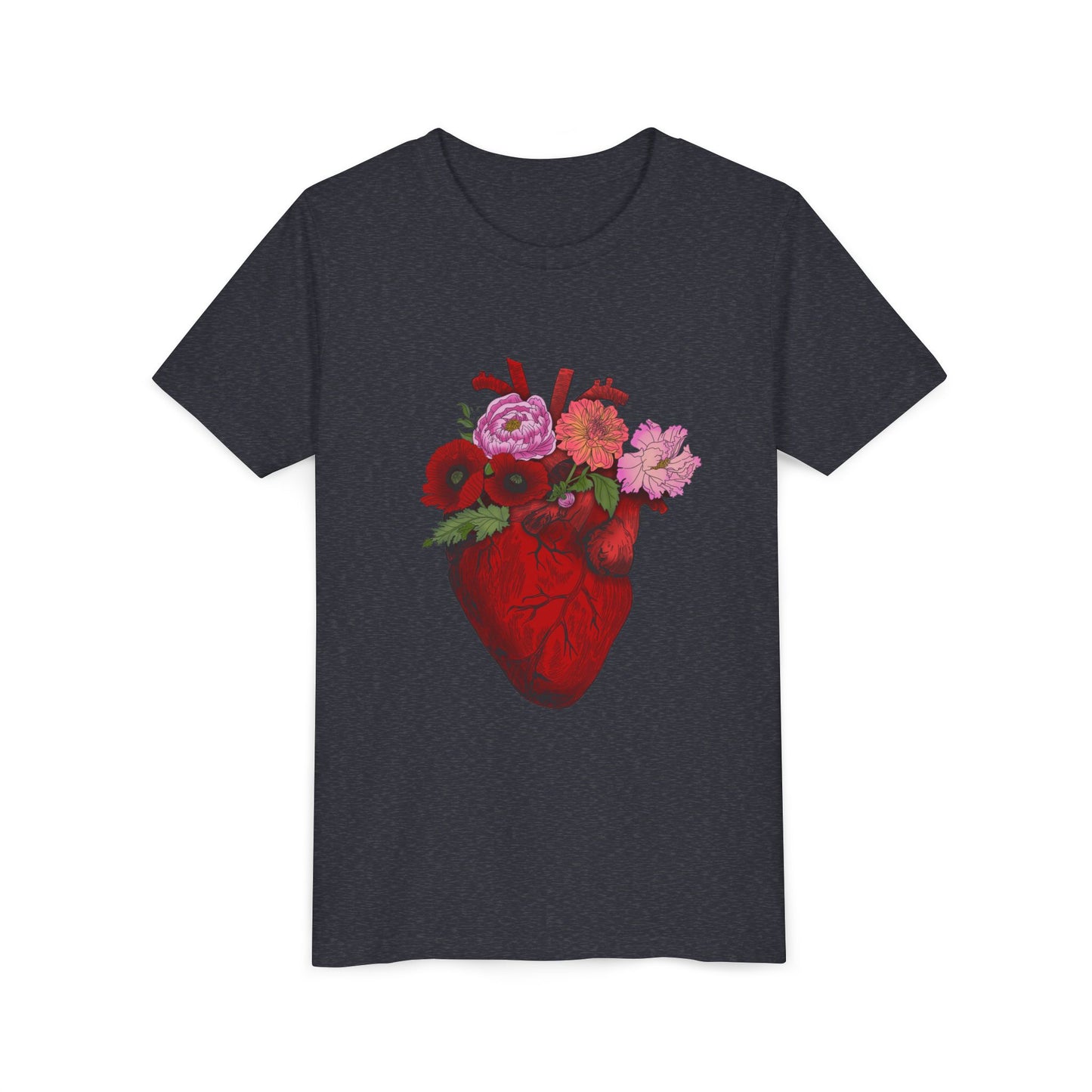 Floral Heart Youth Tee — Floral Anatomical Heart Graphic Kids T-Shirt