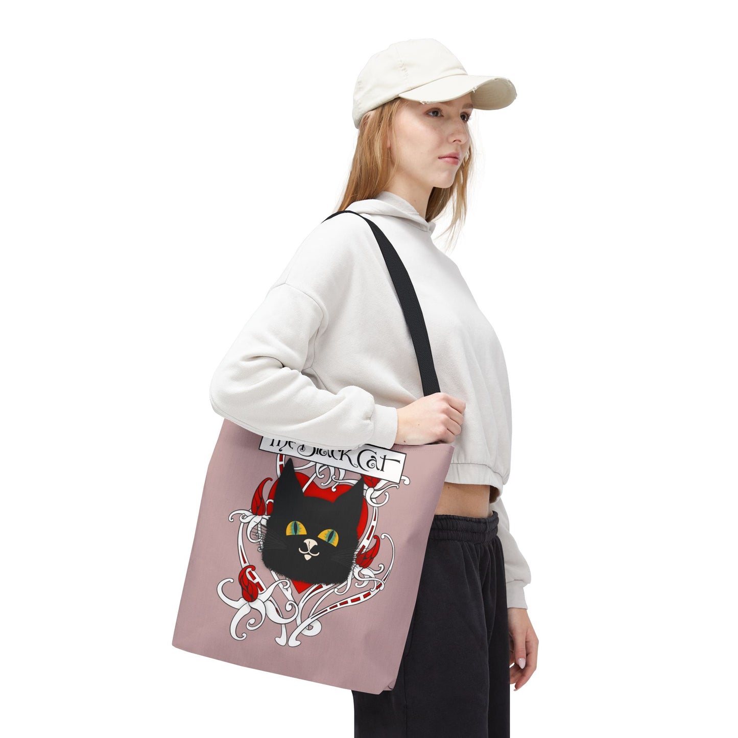 Black Cat Heart Tote Bag — 'The Black Cat' Gothic Vintage Cat Illustration Beach & Market Bag
