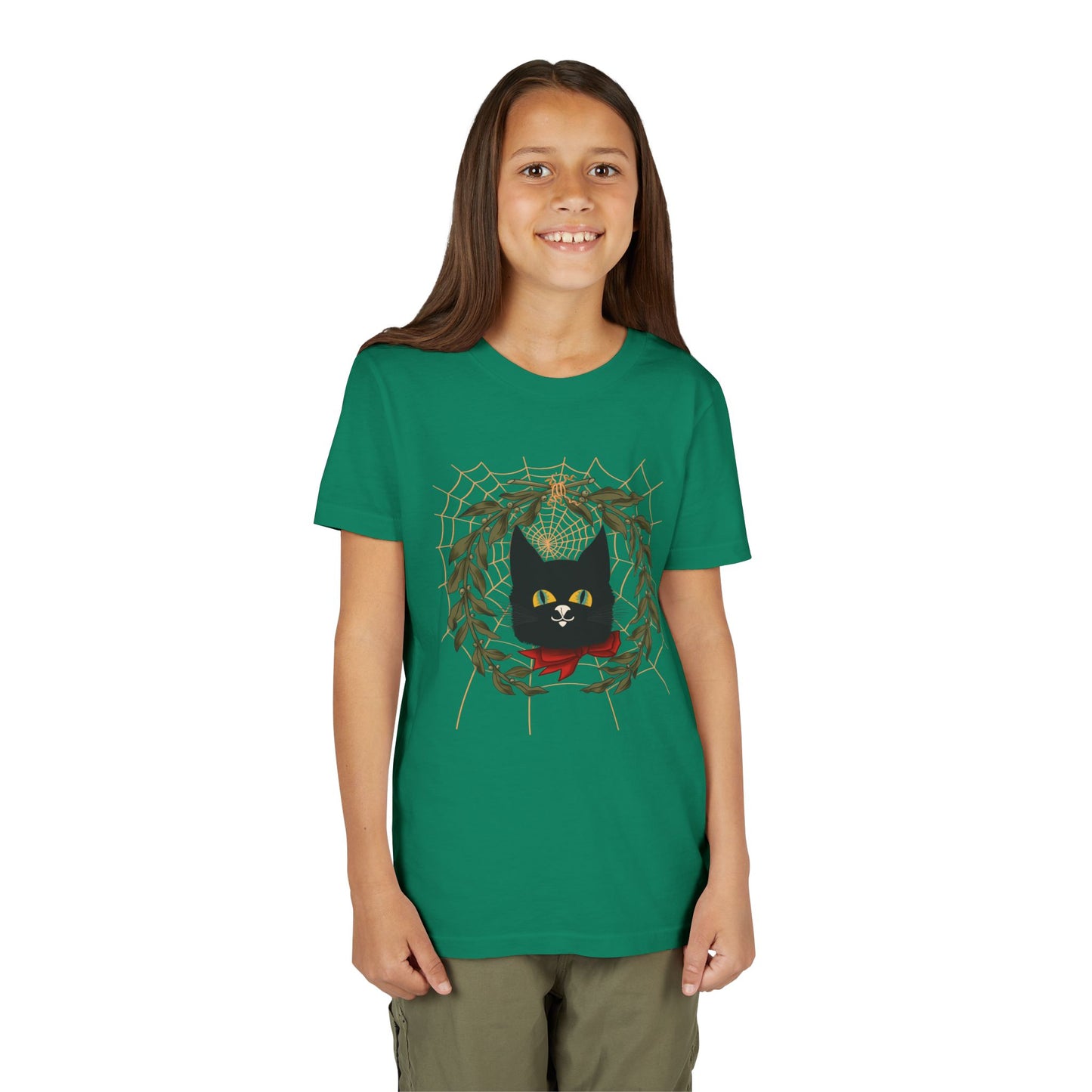 Youth Tee — Black Cat Wreath Holiday Shirt