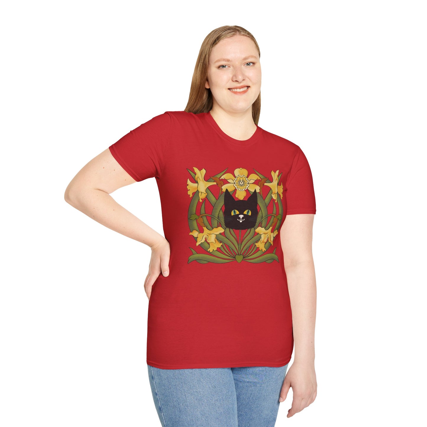 Daffodil Black Cat T‑Shirt — Retro Floral Cat Tee