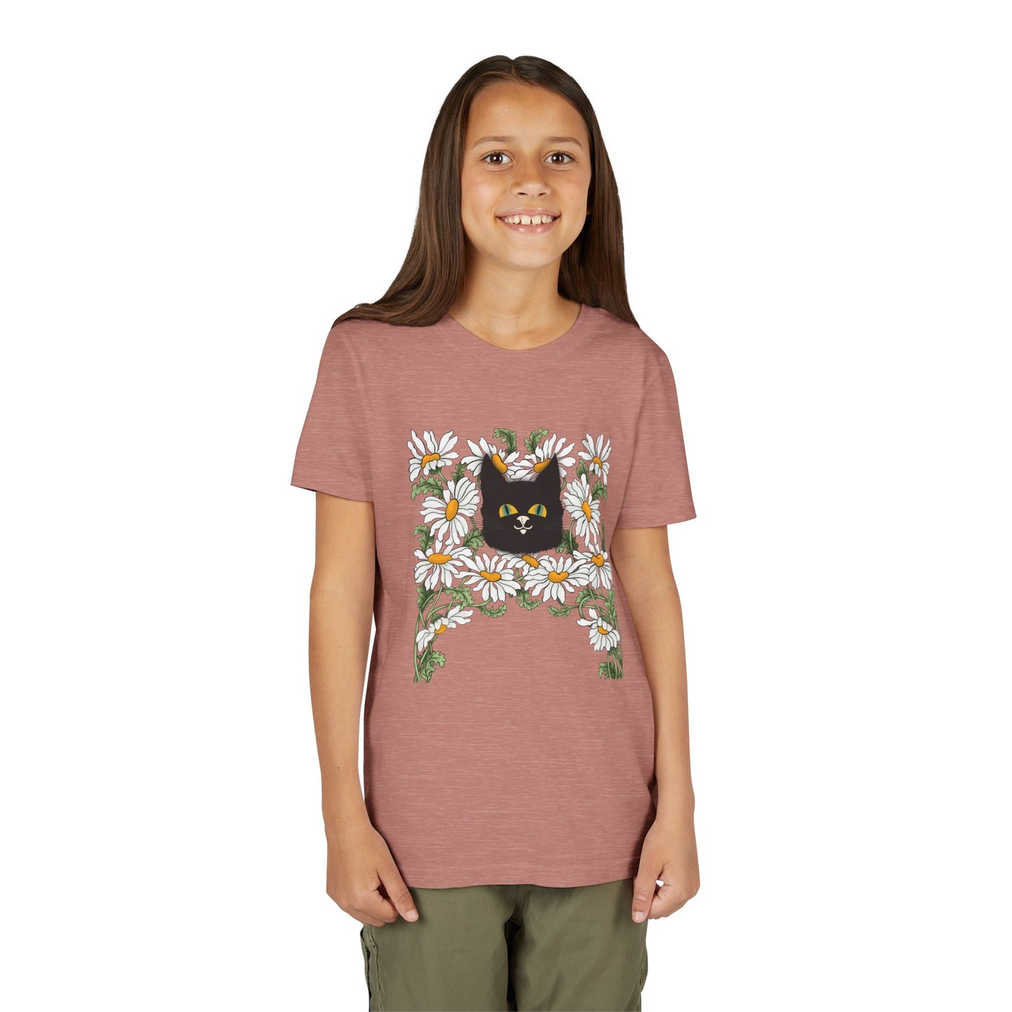 Daisies floral Youth Tee — Black Cat in Daisy Wreath Graphic