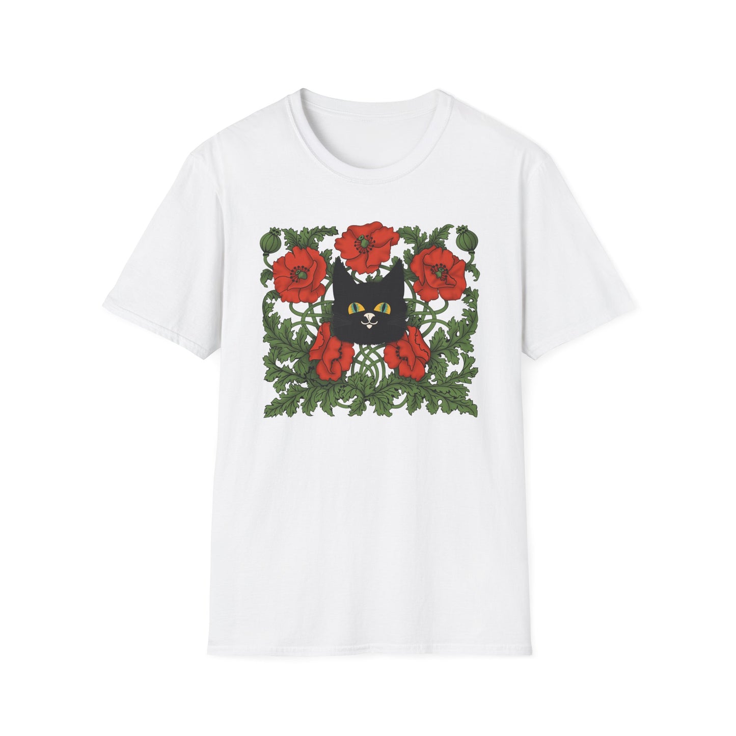 Black Cat & Red Poppies T-Shirt