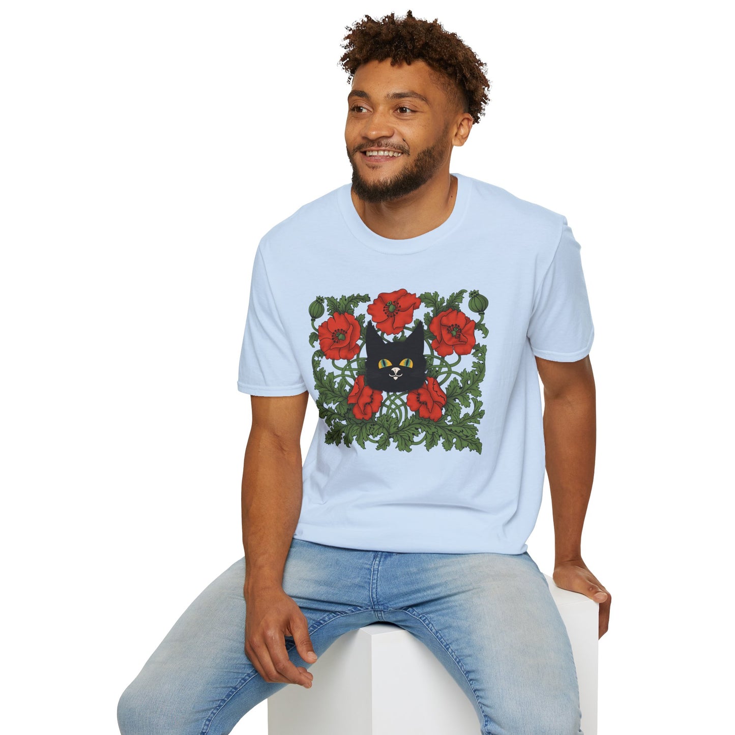Black Cat & Red Poppies T-Shirt