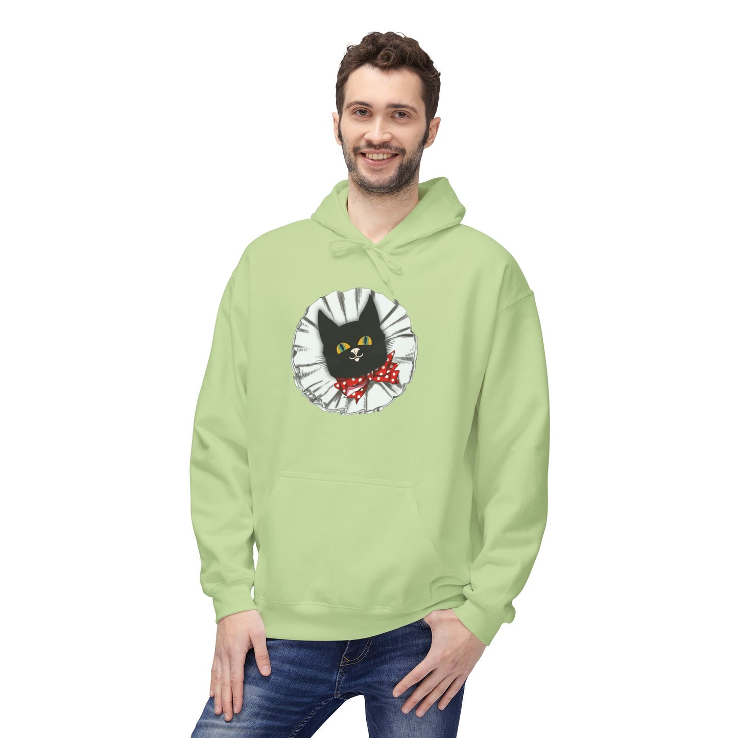 Black Cat Clown Hoodie — Cute Black Cat with Red Bow Music Lover Pullover