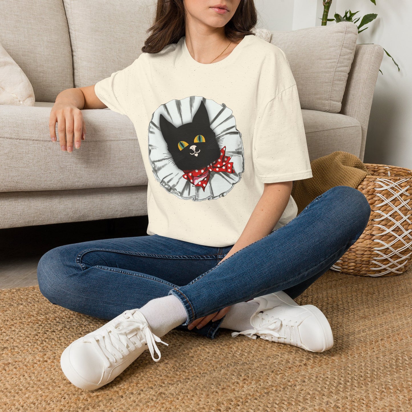 Black Cat Clown Portrait T‑Shirt — Cute Cat Face with Red Bow Graphic Tee