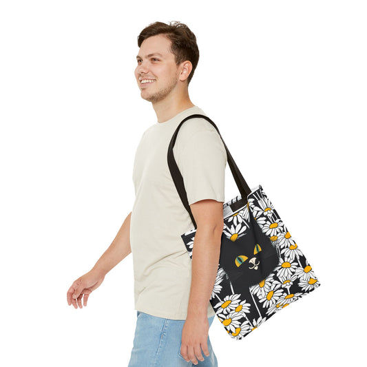 Daisy Black Cat Tote Bag — Black Cat Among Daisies Canvas Tote