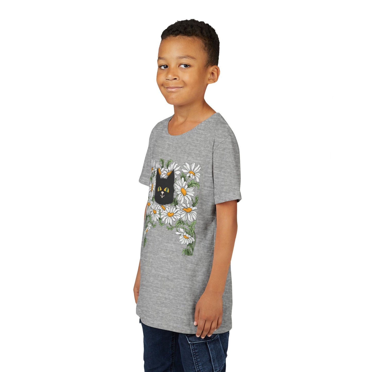 Daisies floral Youth Tee — Black Cat in Daisy Wreath Graphic