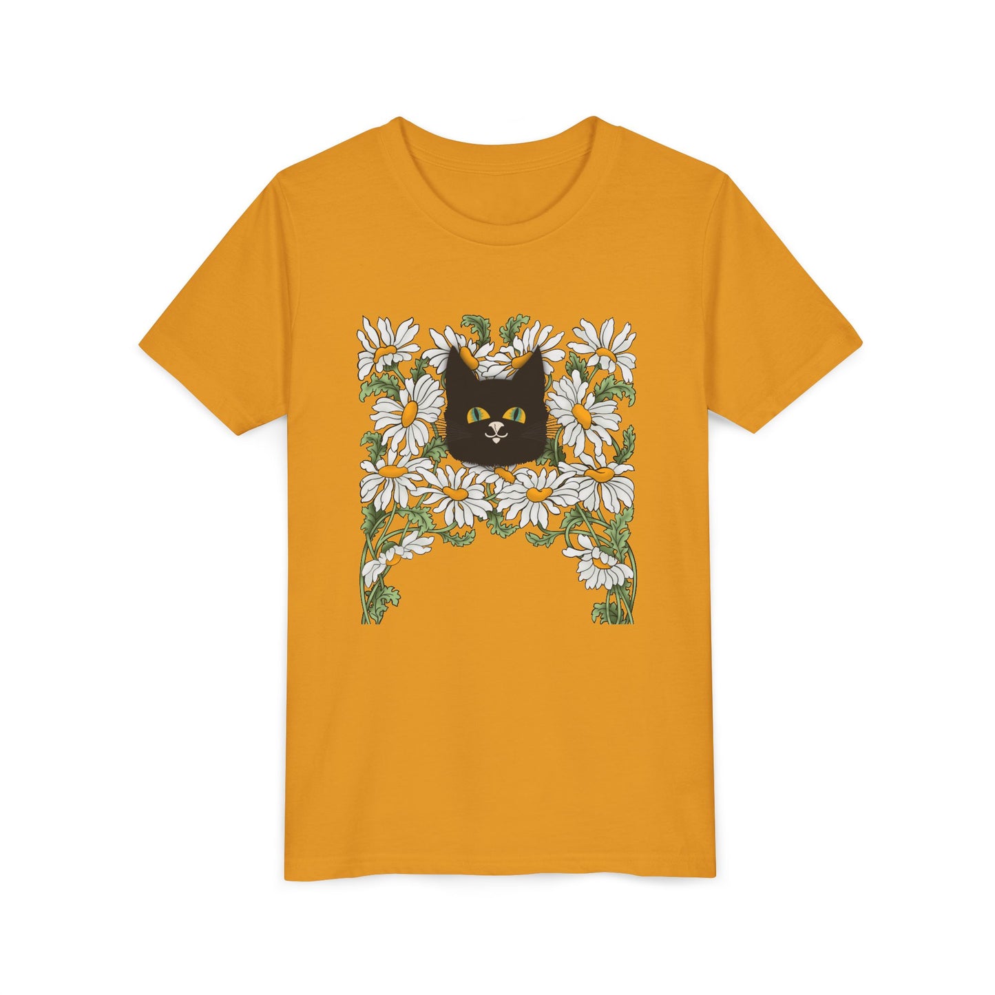 Daisies floral Youth Tee — Black Cat in Daisy Wreath Graphic