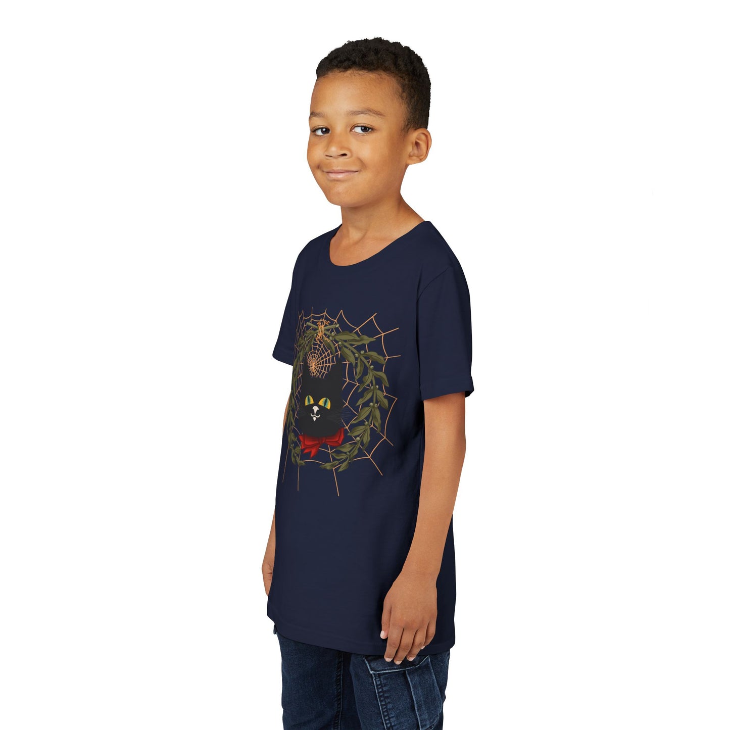 Youth Tee — Black Cat Wreath Holiday Shirt