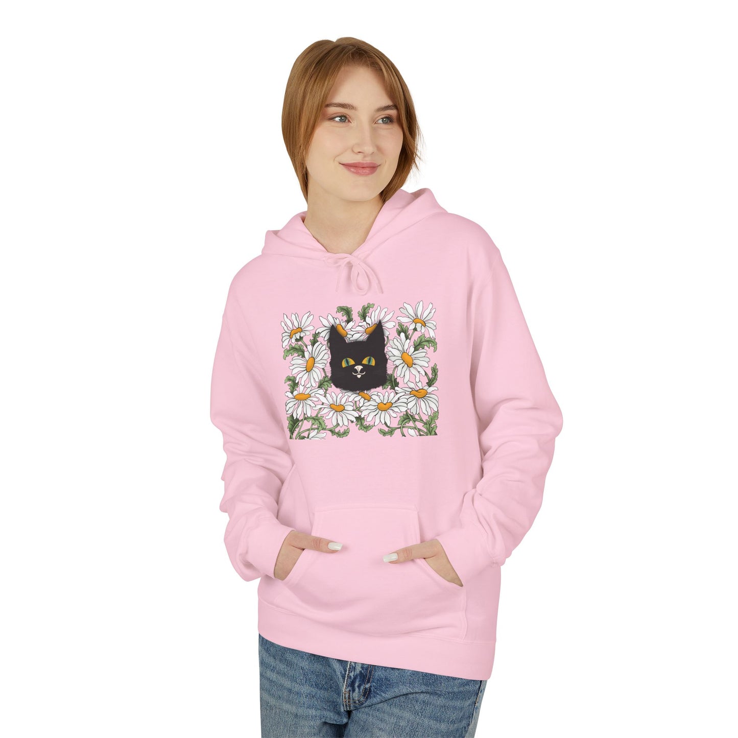 Black Cat in Daisies Hoodie – Floral Cat Graphic Pullover