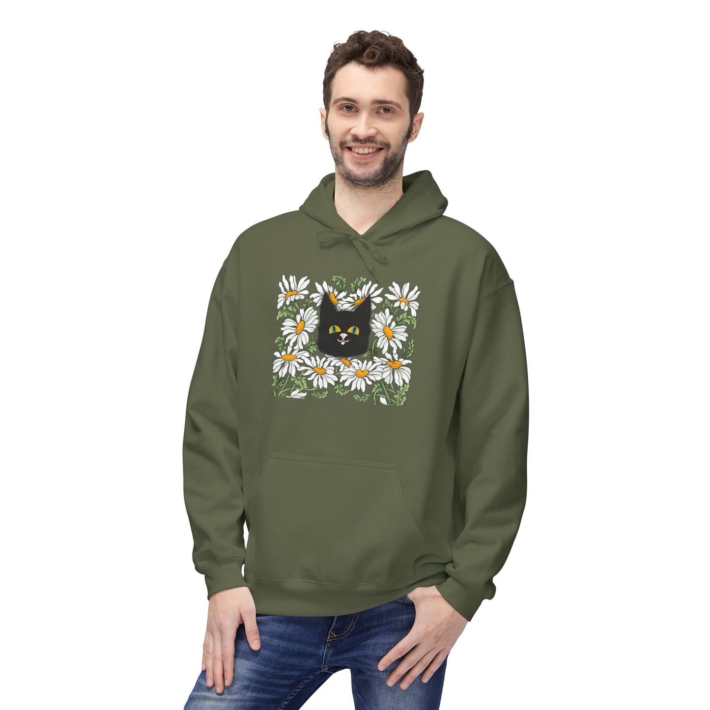 Black Cat in Daisies Hoodie – Floral Cat Graphic Pullover