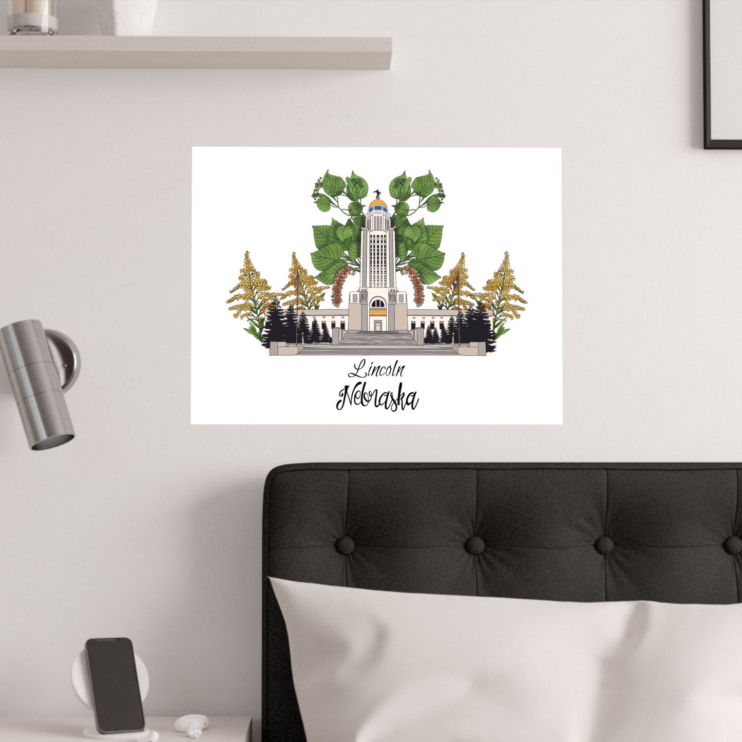 Lincoln Nebraska Satin Poster - 210gsm Art Print with Tower and Flora Design