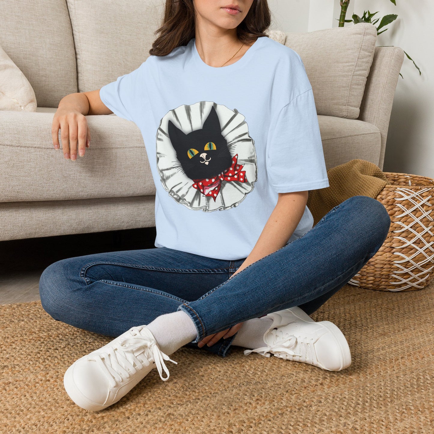 Black Cat Clown Portrait T‑Shirt — Cute Cat Face with Red Bow Graphic Tee