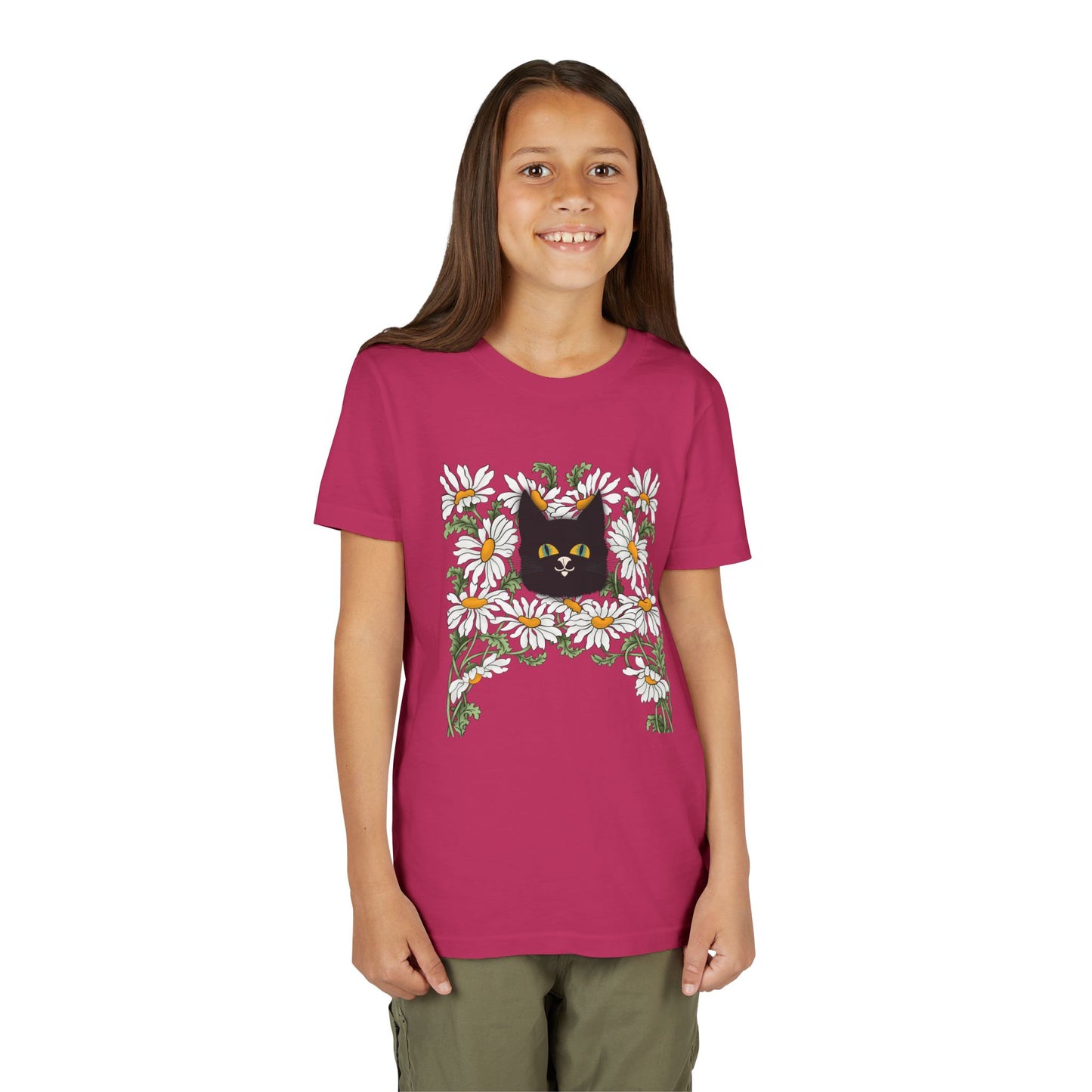 Daisies floral Youth Tee — Black Cat in Daisy Wreath Graphic