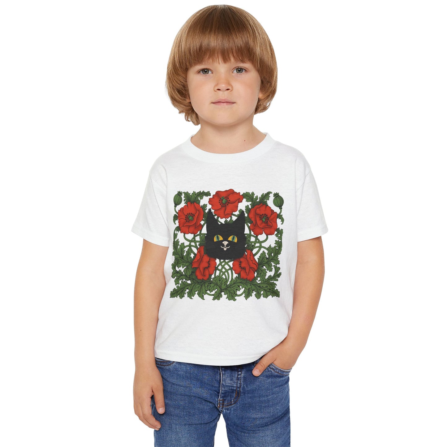 Poppies Black Cat Toddler T-Shirt — Black Cat in Poppy Garden (Cute Floral Kids Tee)