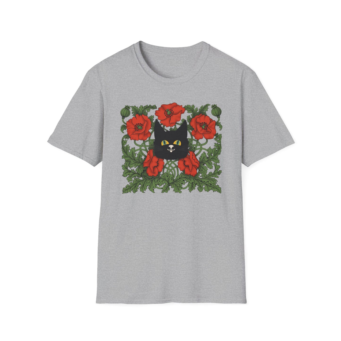 Black Cat & Red Poppies T-Shirt
