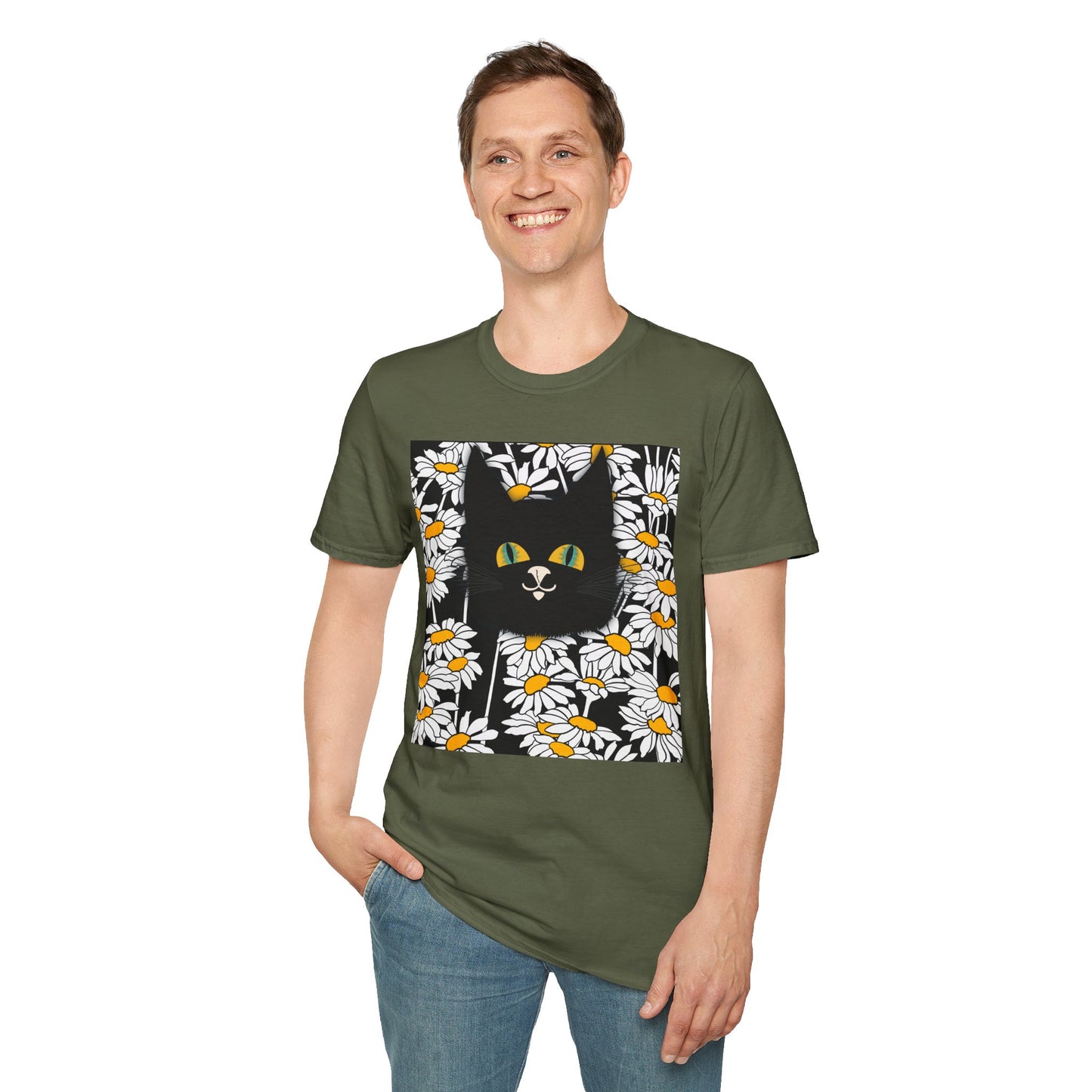 Black Cat Daisy T‑Shirt — Cute Floral Cat Graphic Tee