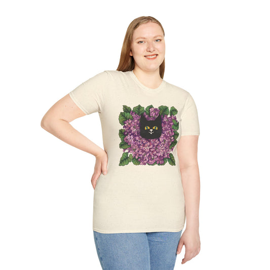 Lilac Cat T-Shirt — Black Cat Nestled in Lilac Flowers