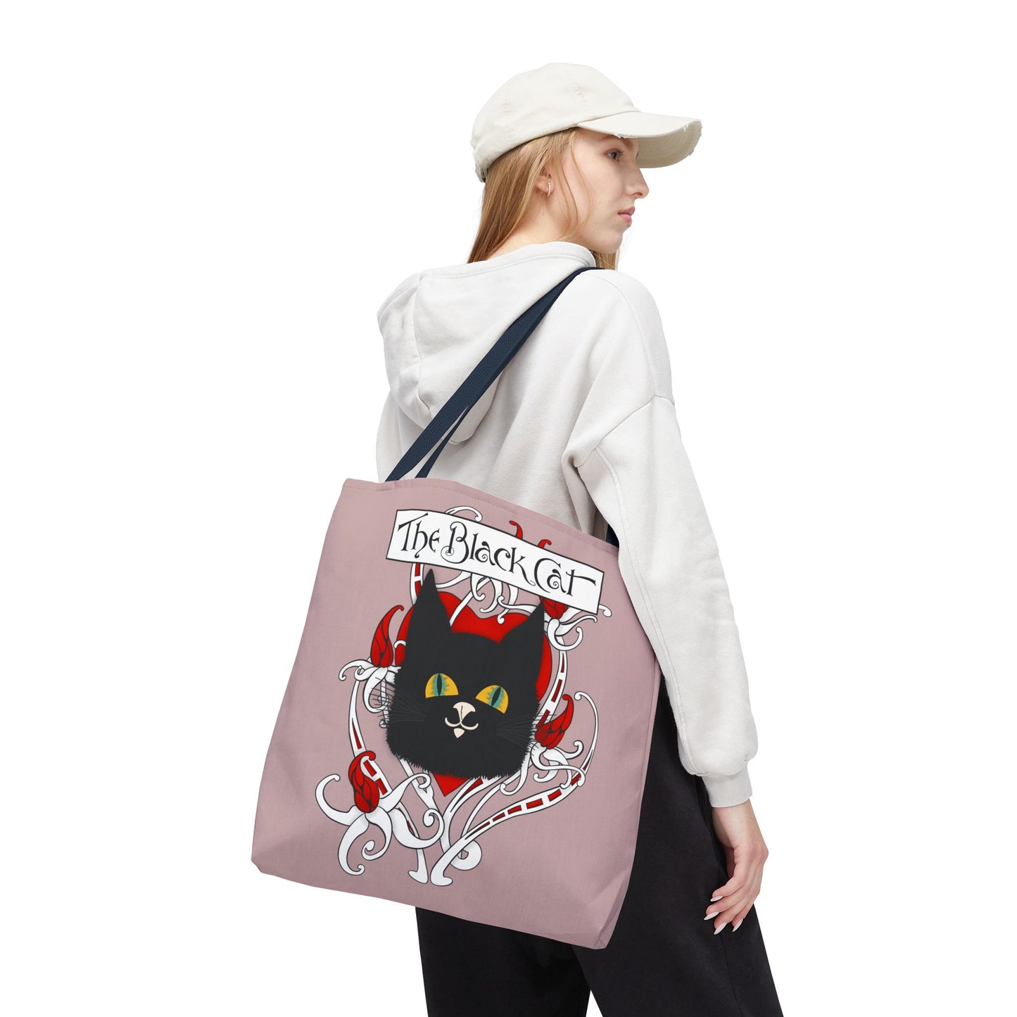 Black Cat Heart Tote Bag — 'The Black Cat' Gothic Vintage Cat Illustration Beach & Market Bag