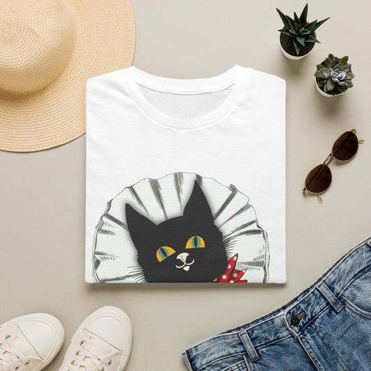 Black Cat Clown Portrait T‑Shirt — Cute Cat Face with Red Bow Graphic Tee